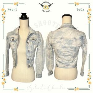Mudd Denim Button Up Acid Wash Design Jean Jacket Juniors XS Blue Long Sleeve